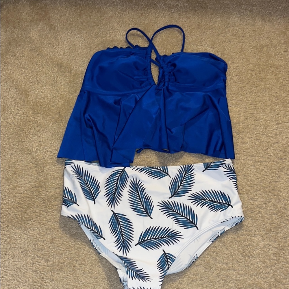 Blue and White Leaf Print Bikini Set Maternity